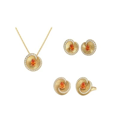 925 Silver Spiral Fluted Pear Orange Zircon Jewelry Set Bridal Jewelry For Her