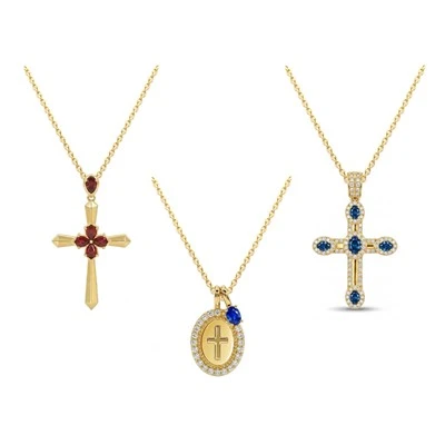 925 Silver Women Multi‑Design Colored CZ Cross Pendant Necklaces Religious Gift Set