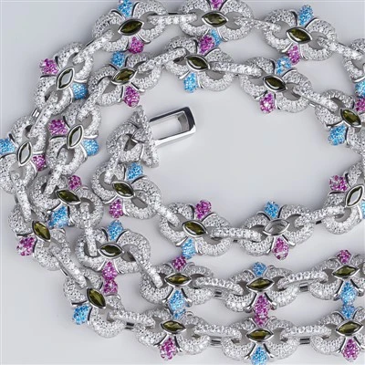 925 Silver Multicolor Oval Gem Hollow Floral Link Chain Hip Hop Necklace