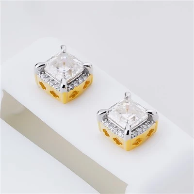 925 Silver Vintage Four Prong Crown Square Crystal Dual Tone Metal Princess Cut Center Stone Side Halo Paved Zircon Star Embossed Gold Frame Minimal Stud Earrings