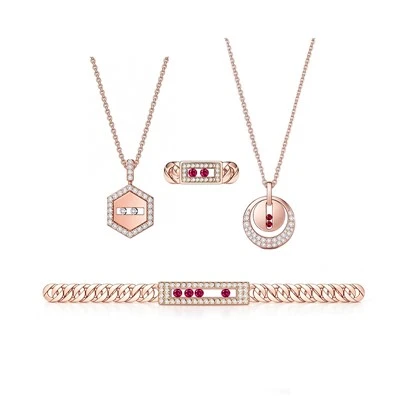 925 Silver Sliding Red CZ Jewelry Collection White Moissanite Modern Geometric Women Jewelry Set