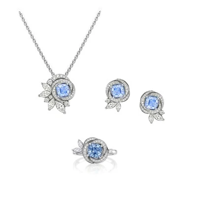 925 Silver Vintage Rose‑Swirl Simulated Light Sapphire Bridal Parure Set