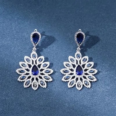 925 Silver Blue CZ Peacock Feather Earrings